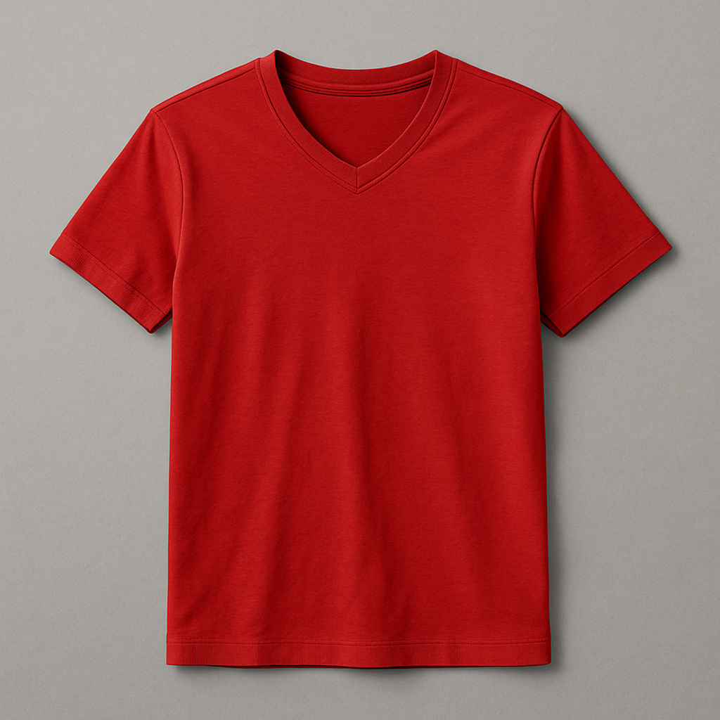 Red men's v-neck tee with AI-generated attribute labels