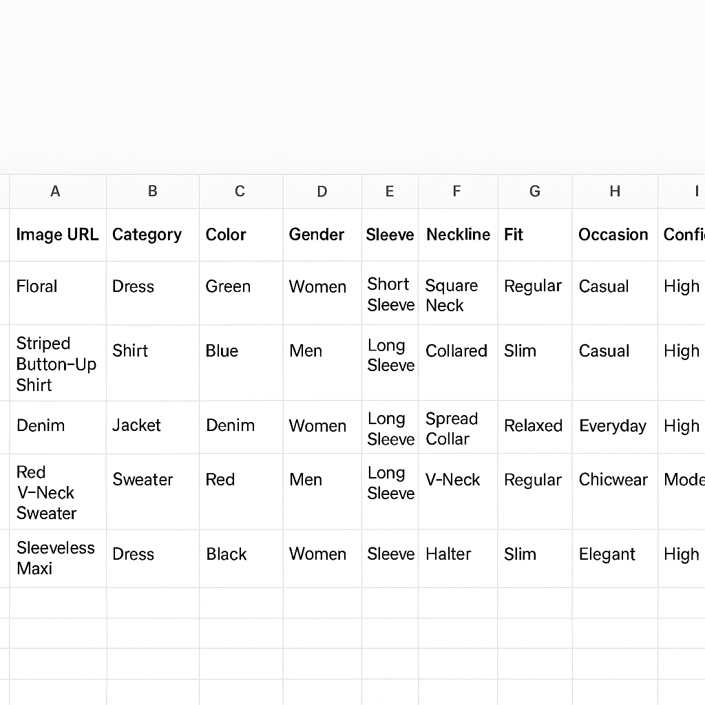 Spreadsheet showing enriched apparel attributes